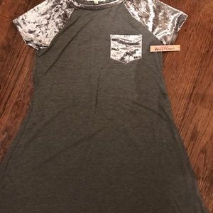 Grey dress with grey velour trim and sleeves